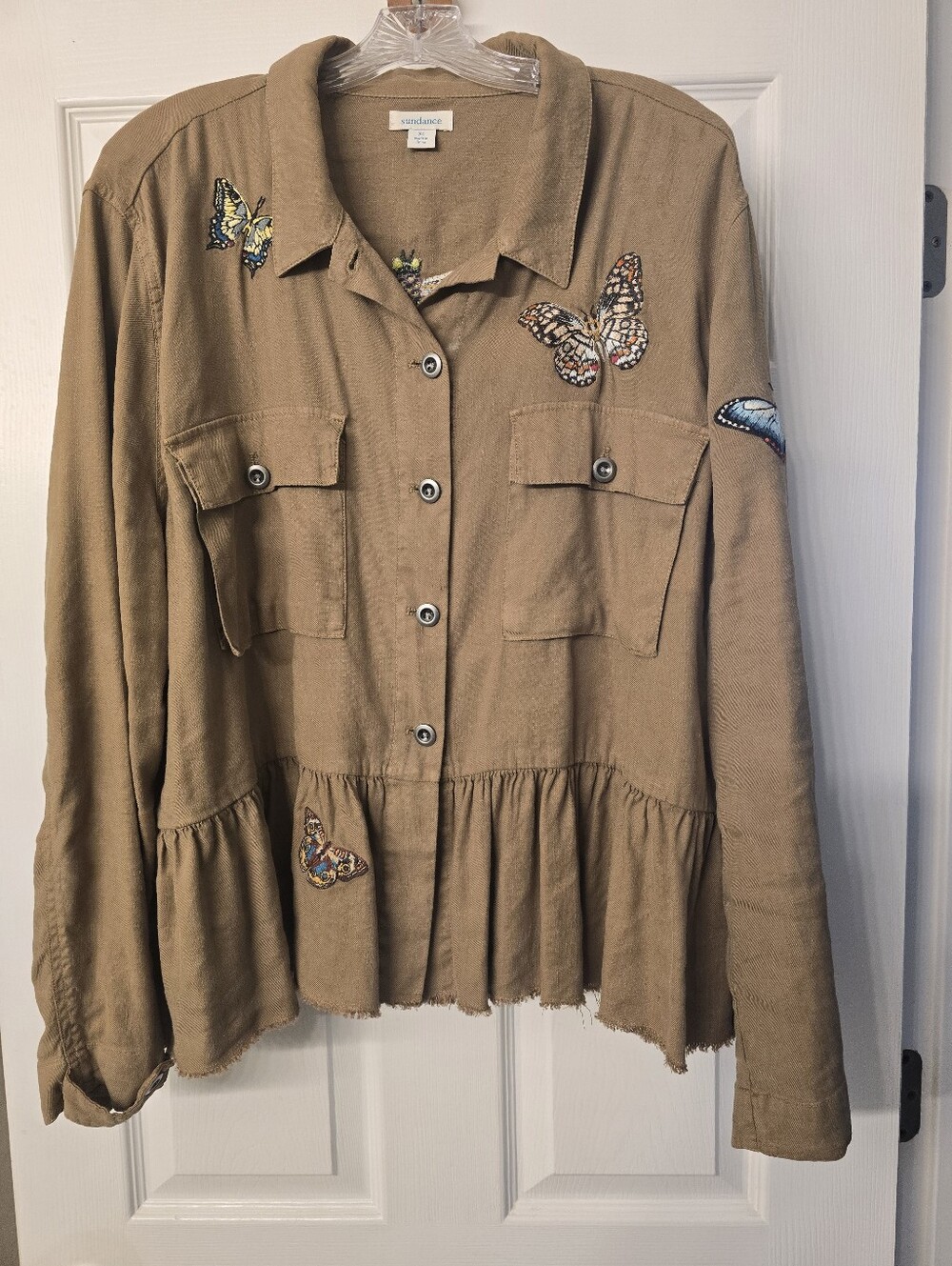 Sundance Women's XLarge Linen Butterfly Dragonfly Embroidered Peplum Boho Jacket